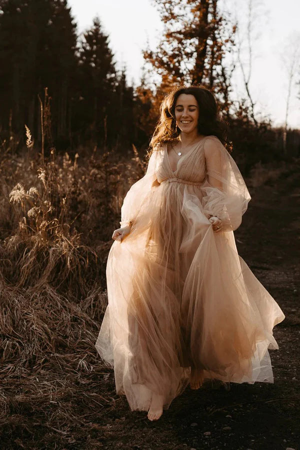 Rustic Wedding Dress With Long Sleeves Champagne Wedding Gown